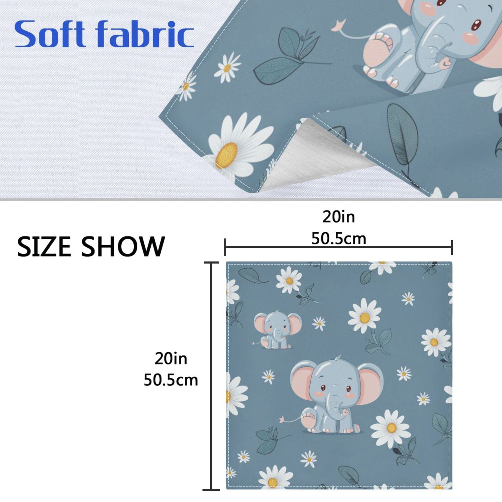 JSTEL Cute Elephant Daisy Flower Cloth Napkins Set of 6, 20x20 Inch Washable and Reusable Napkin for Decoupage Dinner Party Everyday Use
