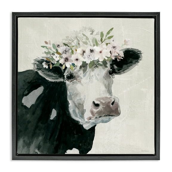 Stupell Industries Gazing Cow with Florals Animals & Insects Painting Black Floater Framed Canvas Art Print Wall Art, 18 x 18