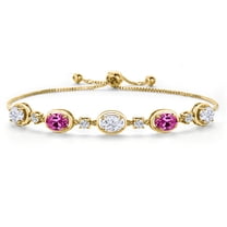 Gem Stone King 18K Yellow Gold Plated Silver White Moissanite and Pink Created Sapphire Bracelet for Women | 4.50 Cttw | Gemstone Birthstone | Oval 7X5MM | Fully Adjustable 9 inch
