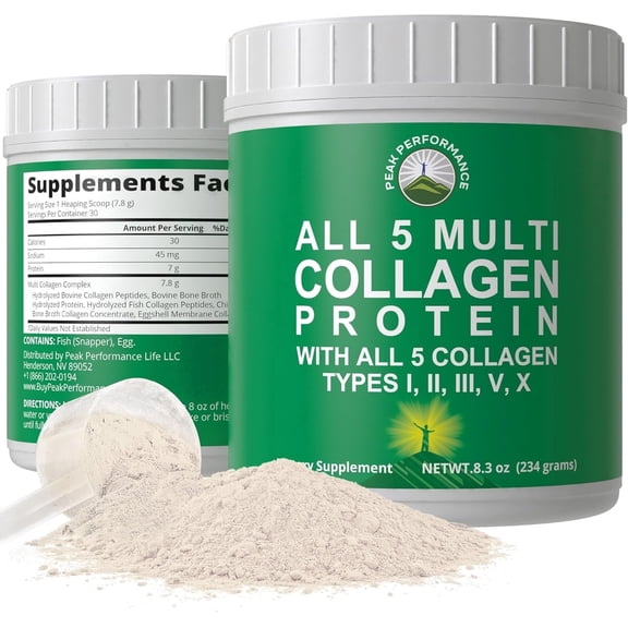 Peak Performance All 5 Multi-Collagen Protein Powder Peptides Multi-Collagen Contains All Types I, II, III,V, X. Keto, Paleo Friendly with Hydrolyzed Bovine, Marine, Chicken, Bone Broth Collagens