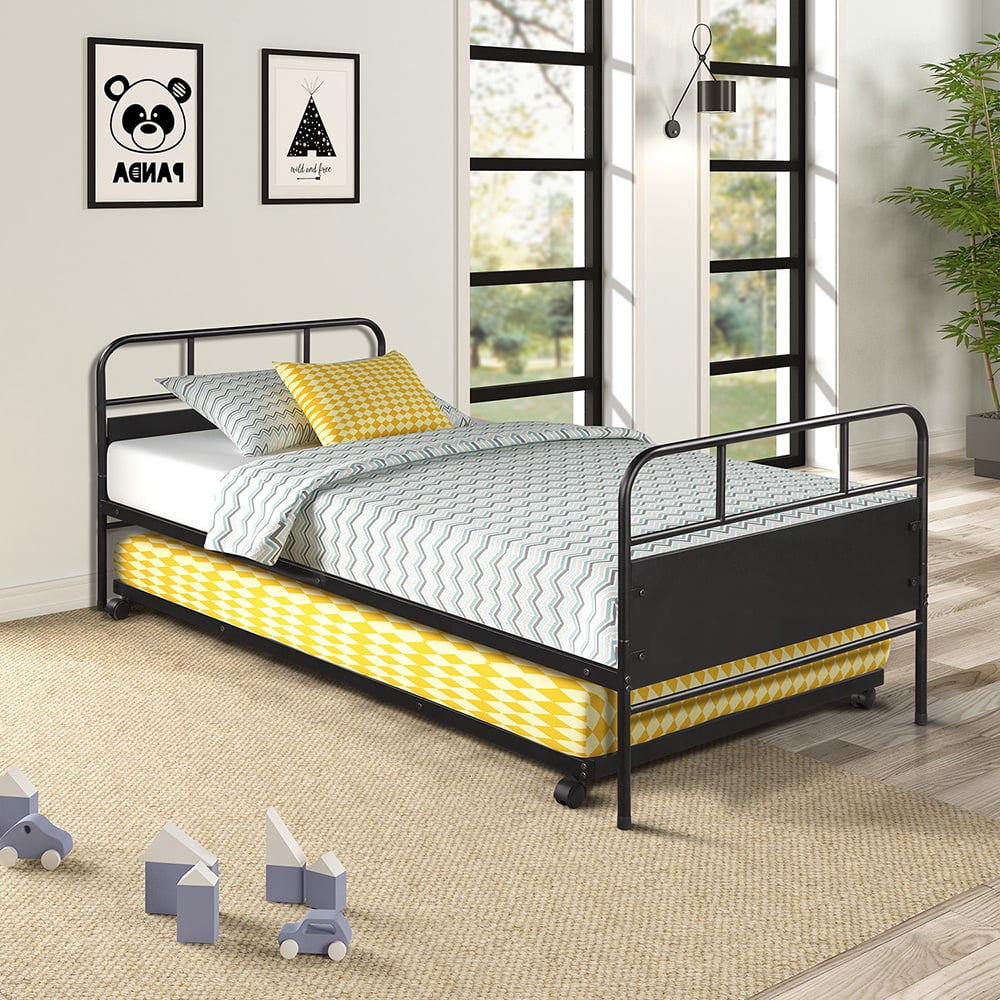 Private Jungle Metal Daybed Platform Beds, Steel Bed Frame with Trundle Built-in Casters,Twin/Black Private Jungle Metal Daybed Platform Beds, Steel Bed Frame with Trundle Built-in Casters,Twin/Black