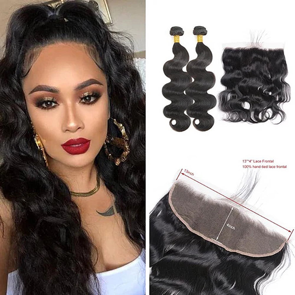 Brazilian Body Wave Virgin Human Hair Bundles with Lace Closure(16 18) Human Hair Unprocessed Body Wave Hair Bundles with Lace Frontal 13X4 Lace Free Part Natural Black Hair