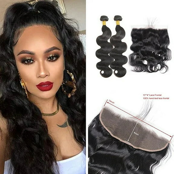 2 Pcs Brazilian Human Hair Bundles, 8 10 Inch Body Wave with 13x4 Lace Frontal, 100% Unprocessed Virgin Hair Weave, Natural Black Extensions