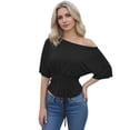 thumbnail image 5 of Rggeeun Womens Shirts Cropped One Shoulder Solid Color Short Sleeve Elastic Waist Draping for Summer Outdoor Running Leisure Tshirts,Black,M, 5 of 7