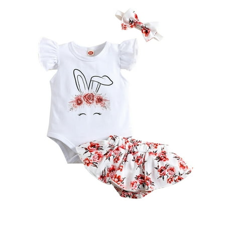 

3 Pcs Baby Girls Summer Outfit Floral Print Romper + Skirt Shorts + Headband