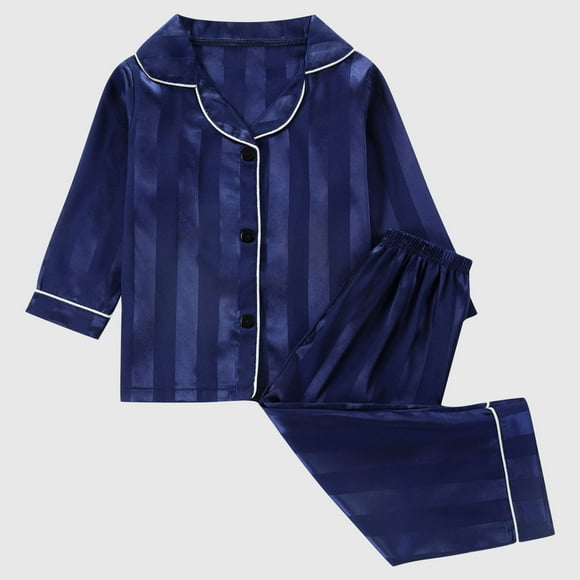 LWFFDAW Kids Toddler Girl Boy Pajamas Sets Long Sleeve Button Down Pajama Shirt and Long Bottoms 2 Piece Sets Striped Graphic Sleepwear Outfits for 7 Years Dark Blue