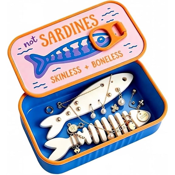 Sardines Travel Jewelry Case 3D Printed Sardine Tin Box with Fishbone Holders for Rings Earrings Necklaces Portable Lightweight Organizer for Women Girls Travel Home Vanity (S, #03)