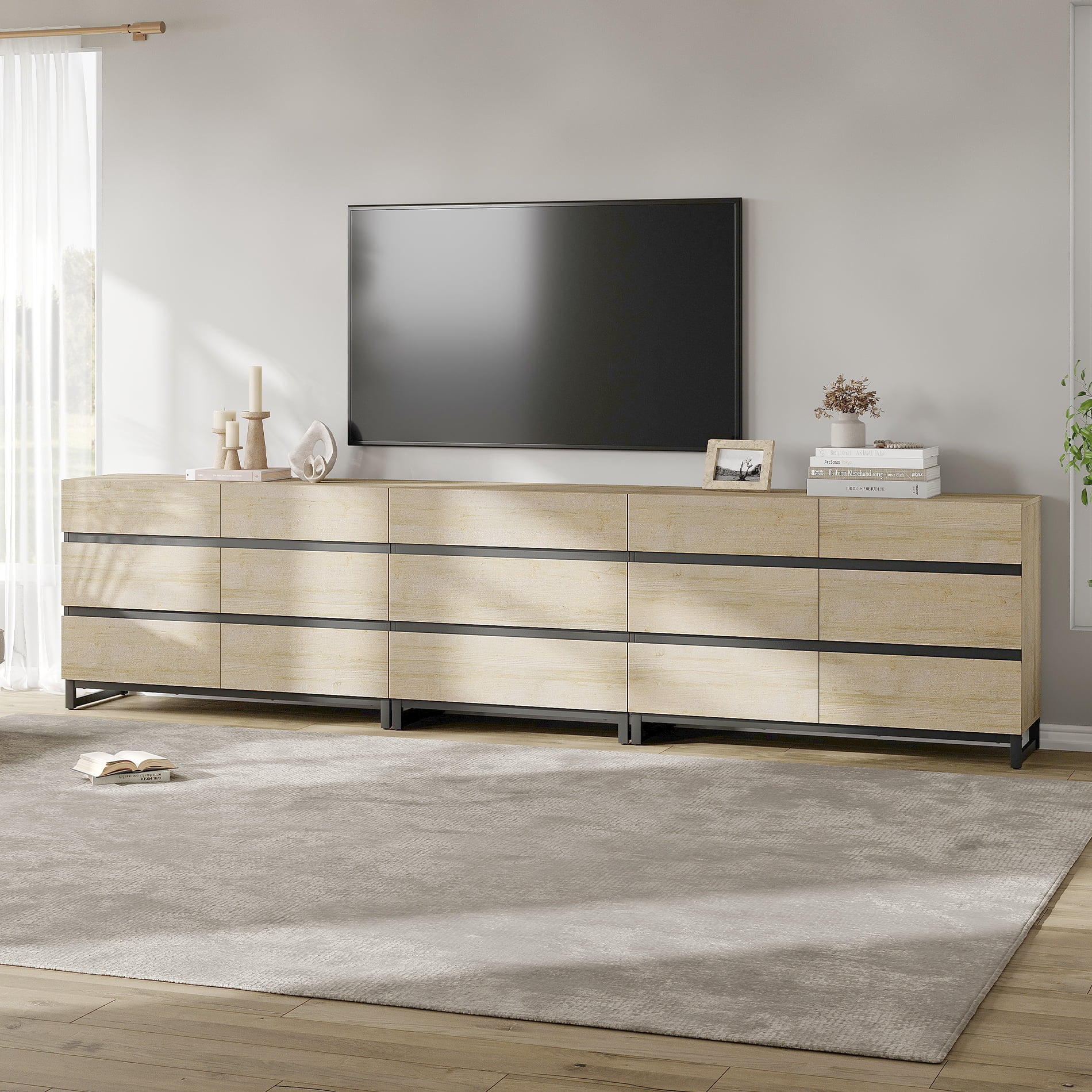 3 In 1 TV Stand For, Modern TV Console With 15 Drawers, Media Console With Adjustable Shelf For Living Room, Bedroom,Beige