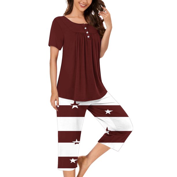 Sexy Pijama Conjunto para las Mujeres, Cuello Redondo Blusa de Manga Corta Y Pantalones, Traje de Moda Casual