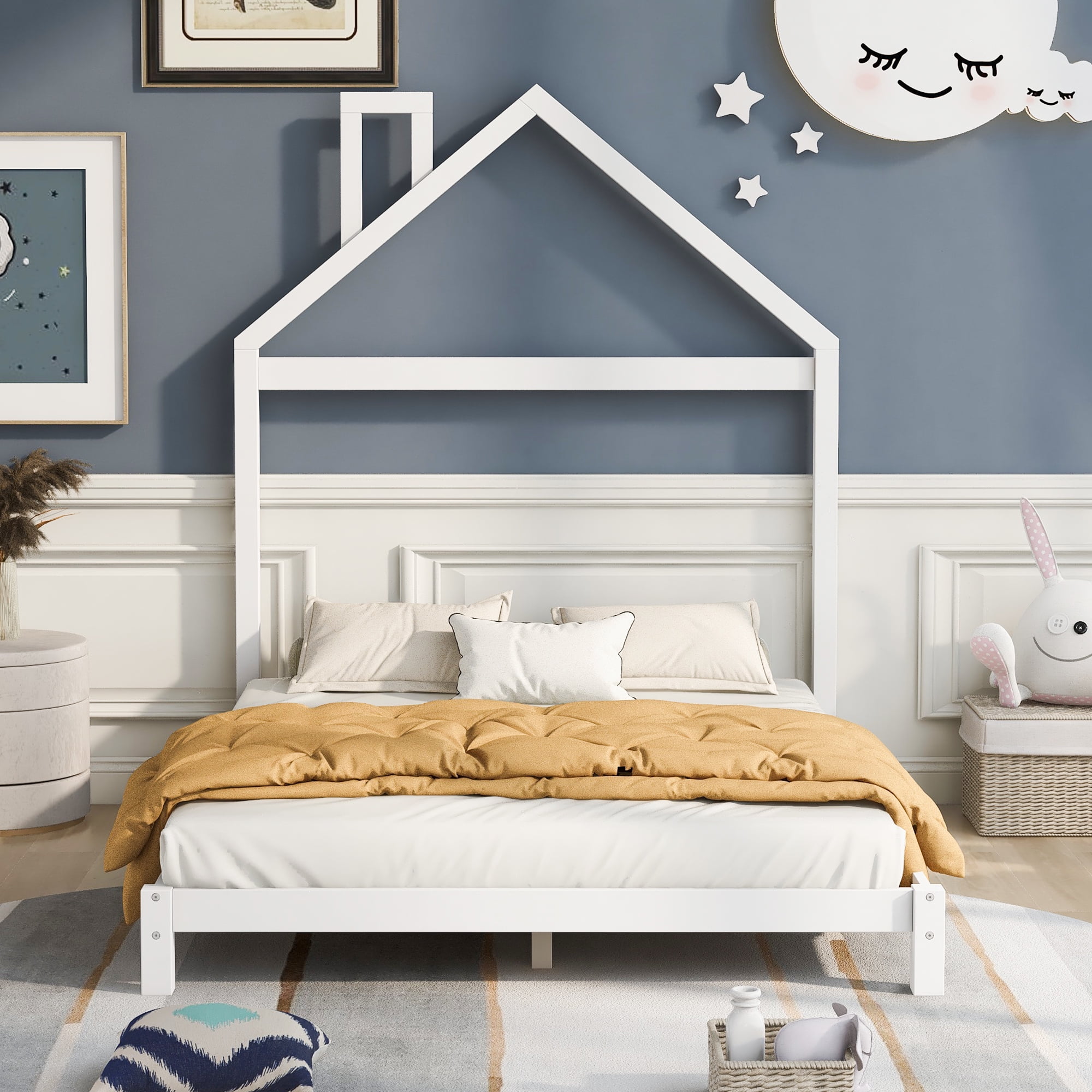 uhomepro White Kids Full Bed Frame with House Frame Headboard, Pretty
