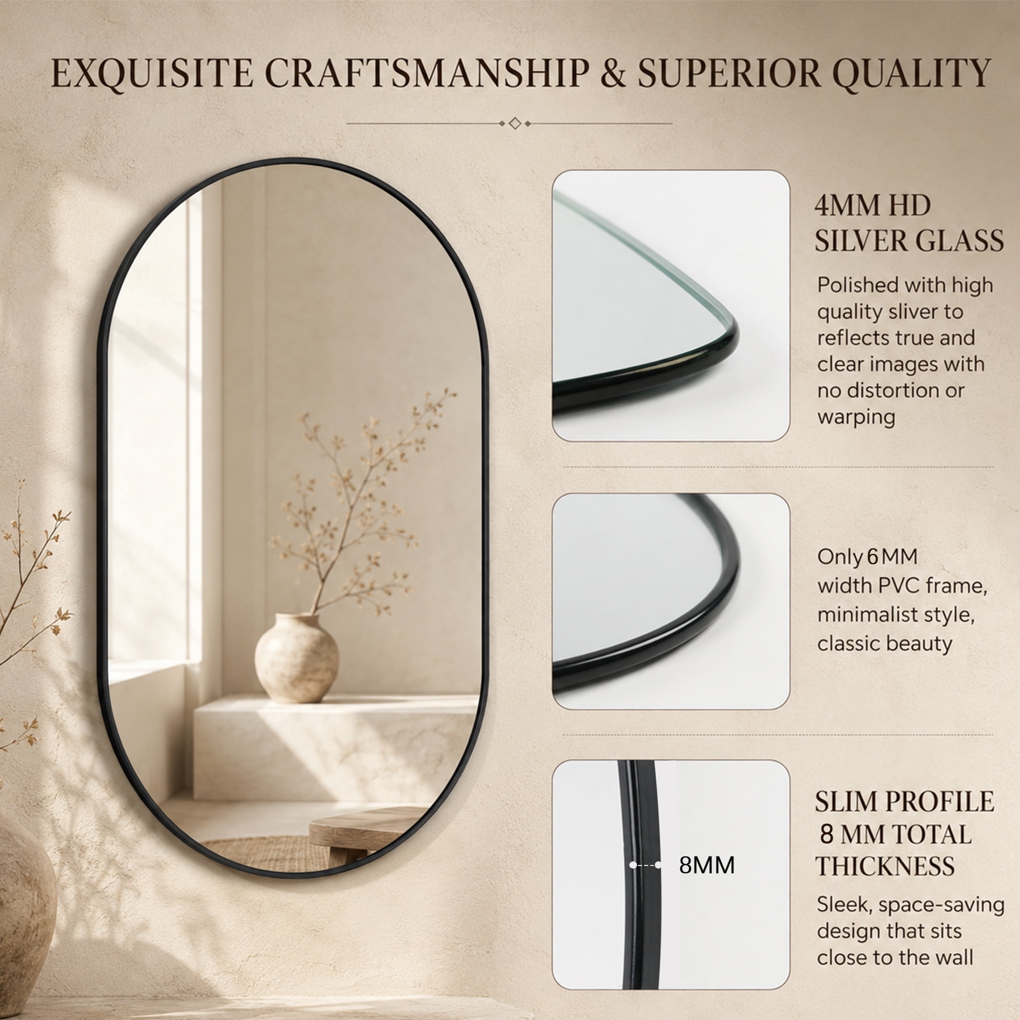 PVC Frame Mirror, Black 18x40in