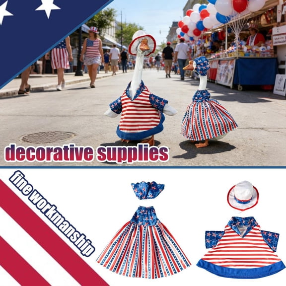 23 Inch Patriotic Goose Outfit Set, Pack Of 2 (1 Hat 1 Dress), Vibrant Red & Blue Striped Independence Day Porch Decor, Classic American Flag Themed Attire For Home Outdoor