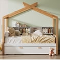 thumbnail image 3 of White Twin Size Wooden House Bed with Original Wood Colored Frame Twin Size Trundle and Bookshelf Storage Space, 3 of 13