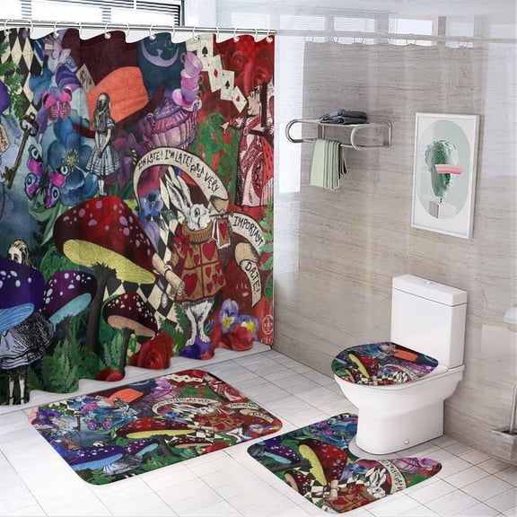 4 Piece Alice in Wonden-Lan Shower Curtain Sets, with 12 Hooks Non-Slip Rugs Toilet Lid Cover and Bath Mat for Bathroom Decor Set 72in