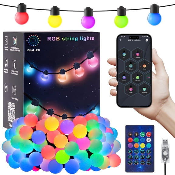 Outdoor String Lights, Smart RGB LED Patio Lights with App & Remote Control, IP65 Waterproof Camping Fairy Lights with 33Ft 50 Bulbs for Halloween, Christmas, Bedroom, Wedding Decorations