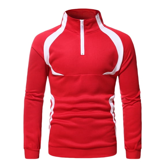 Men's Casual Patchwork Sports Zipper Long Sleeve Blouse Pullover Stand-up Collar Sweatshirt