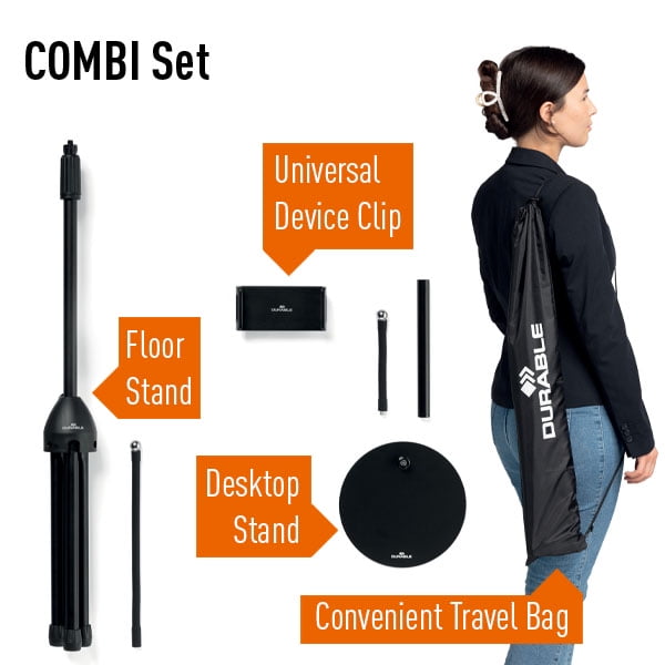 DURABLE TWIST COMBI Black Table and Floor Tripod for Tablet, iPad, iPhone, Android, Foldable Stand with Convenient Bag, Height Adjustable, 360° Rotation