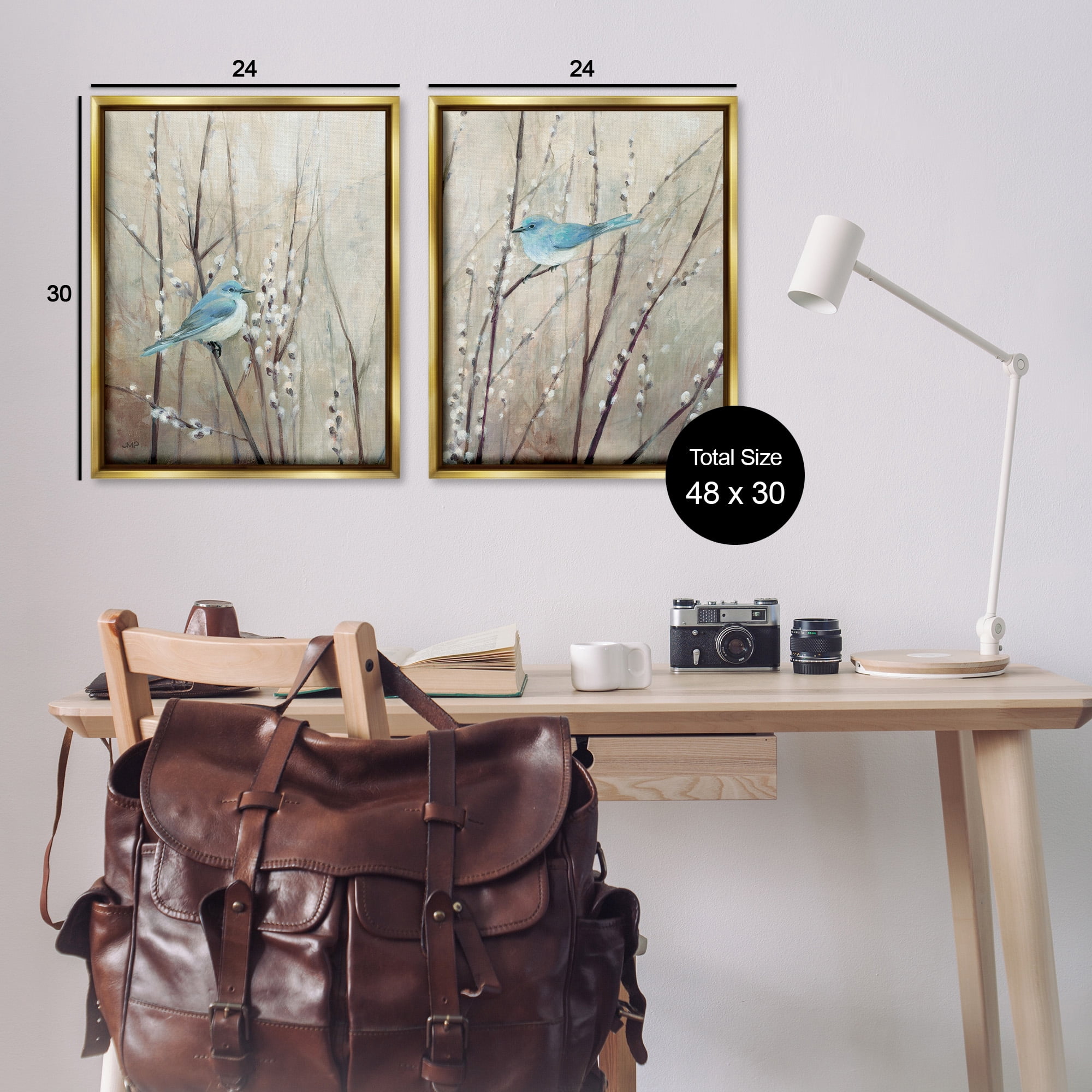 Stupell Industries Peaceful Perched Blue Birds Animals & Insects Painting Gold Floater Framed Canvas Art Print Wall Art, 25 x 31, Set of 2