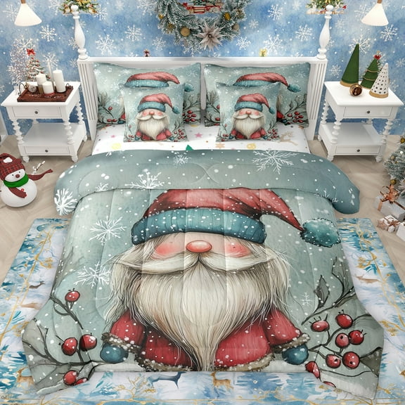 Homewish Kawaii Fairy Tale Gnome Twin Bedding Sets 7-Piece, Vintage Christmas Style Bedding Comforter Set, Teems Kids Boys Girls Reversible Sheet Sets, Breathable Home Decor