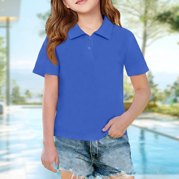 Dwellite Girls Casual Polo Shirts Short Sleeve Shirts for Kids School Uniform Shirt Basic Tees 3-12 Years Blue -BH08 140