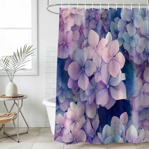 Vintage Hydrangea Standard Shower Curtain Set, Waterproof Shower Curtains for Bathroom, Spring Purple Flowers Garden Plants Washable Fabric Bath Curtain for Bathtub Decoration with Hooks 72x72 Inches