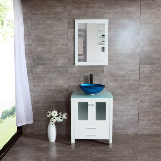 W 24 Glass Vessel Sink Bathroom, Solid Wood Vanity Cabinet