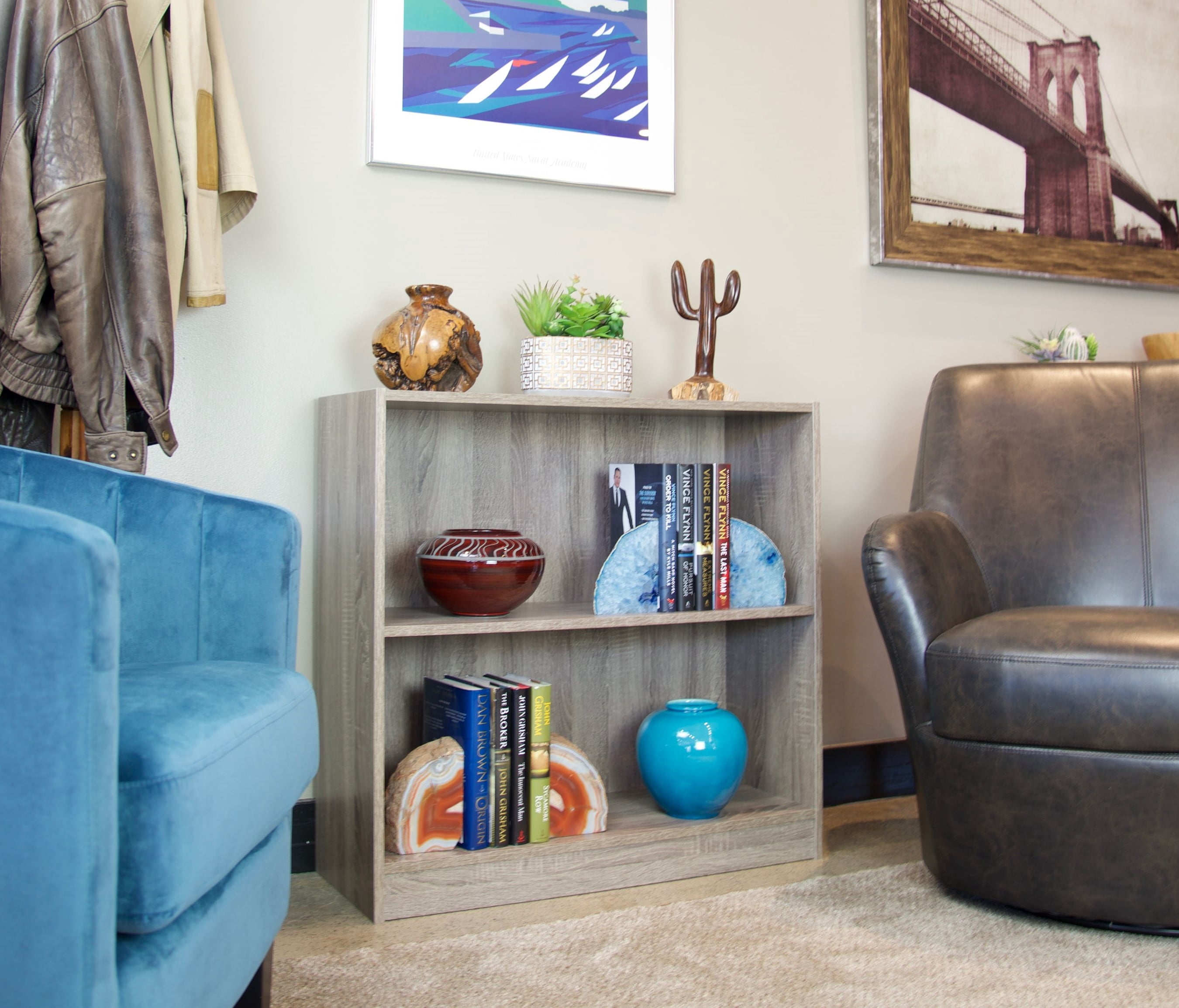 Slide Logic 3 Tier 30"H x 32"W Bookcase with Footer in Driftwood
