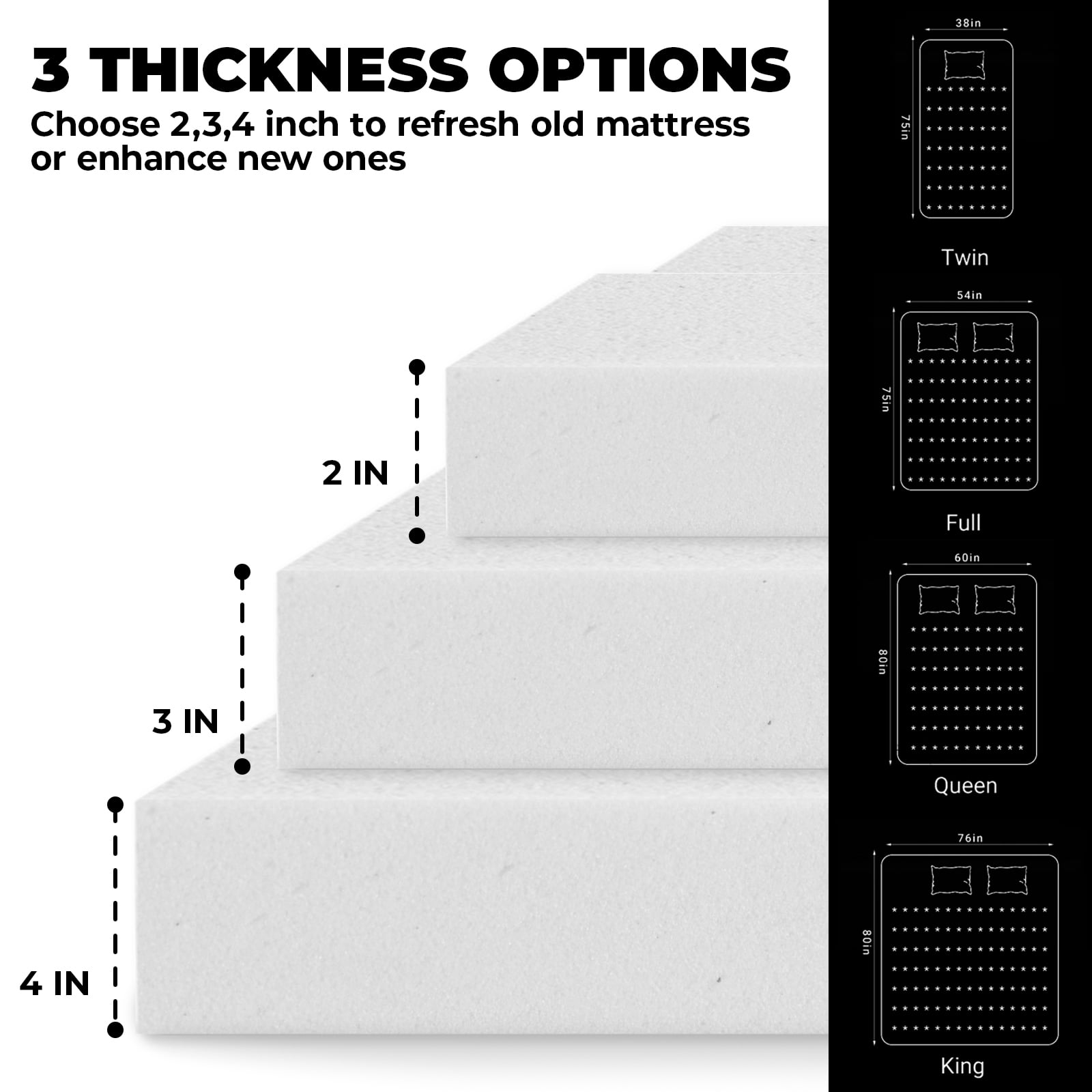 Alvantor Gel Memory Foam Mattress Topper, 2/3/4 Inch Detachable Soft Cover, White