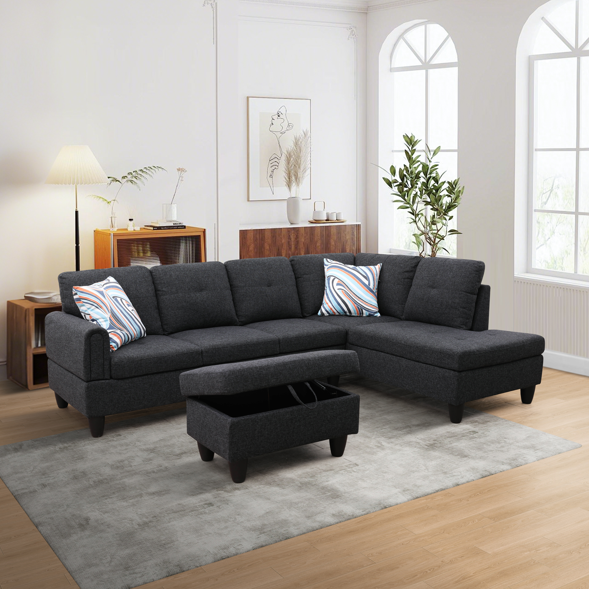Prilinex L Shaped Couch Sectional Couches with Chaise and Storage Ottoman, 3 Pieces Modern Linen Sofa for Living Room Furniture Sets and Small Apartment, Black Grey