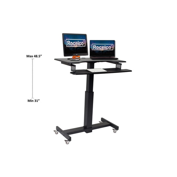Rocelco 40" Height Adjustable Mobile Standing Desk - Sit Stand Home Office School Computer Workstation Riser - Dual Monitor Keyboard Tray Gas Spring Assist (Black)