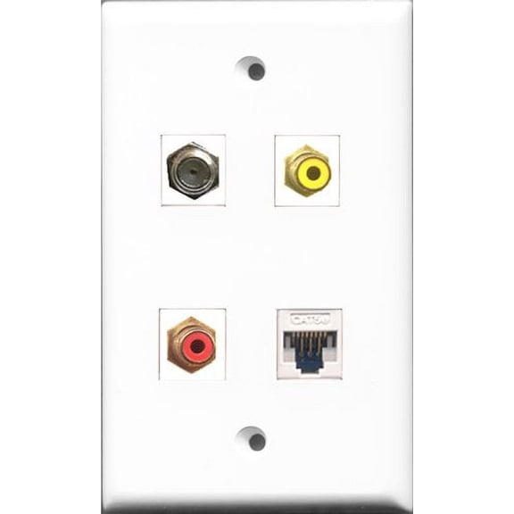 RiteAV 1 Port RCA Red and 1 Port RCA Yellow and 1 Port Coax Cable TV- F-Type and 1 Port Cat5e Ethernet White Wall Plate