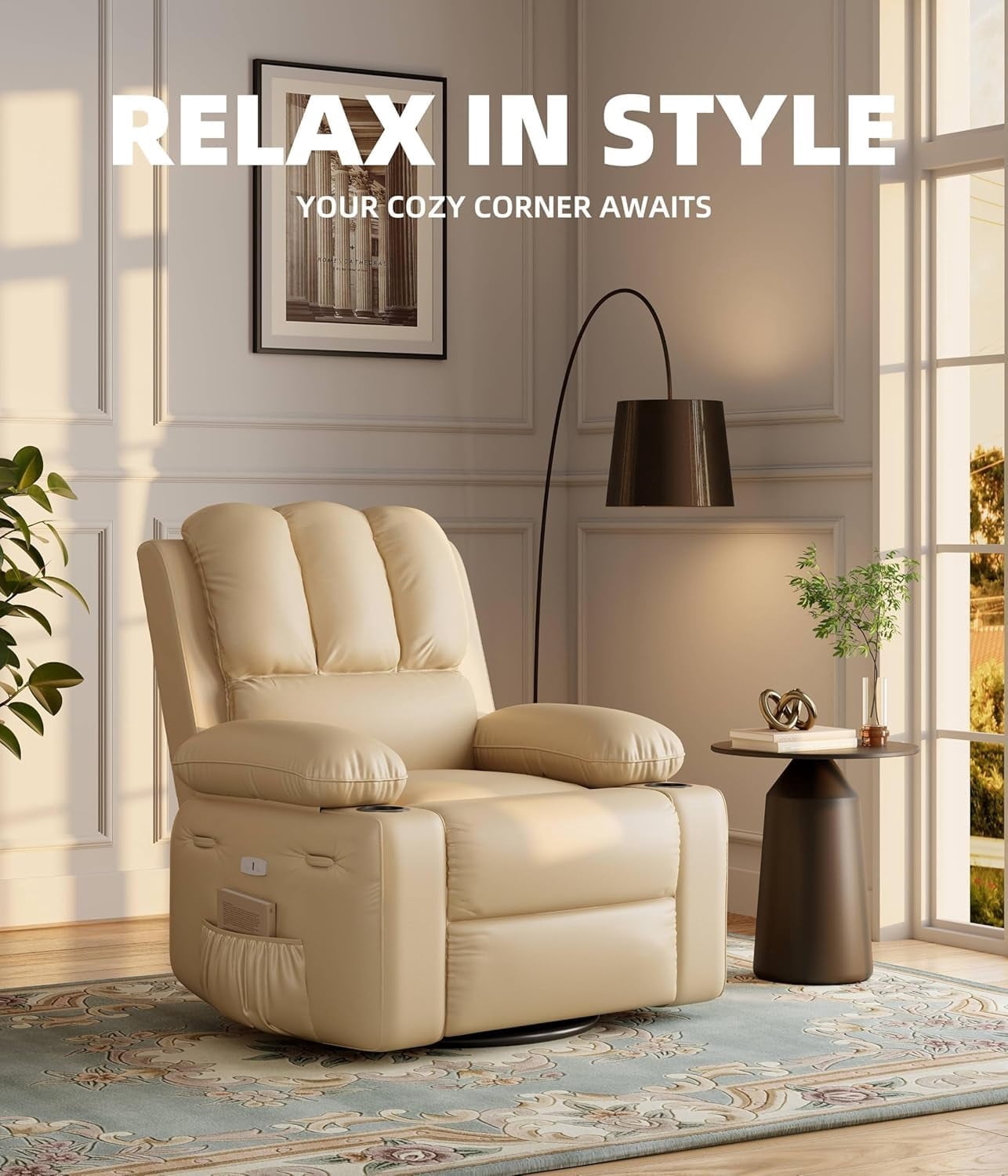 Oversized Electric Power Recliner Chair with Heat & Massage - 360° Swivel Rocker Recliner for Living Room, PU Leather Recliner with 1.5X Sponge Filling, 22" Large Seat Lazyboy Style.