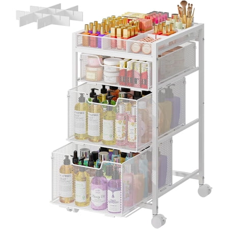 Rolling Makeup Cart Organizer with 3 Drawers Cosmetics Display with Dividers Floor Skincare Storage with Wheels Versatile Vanity Organizer for Nail Polish Perfume Brush Hair Tool White