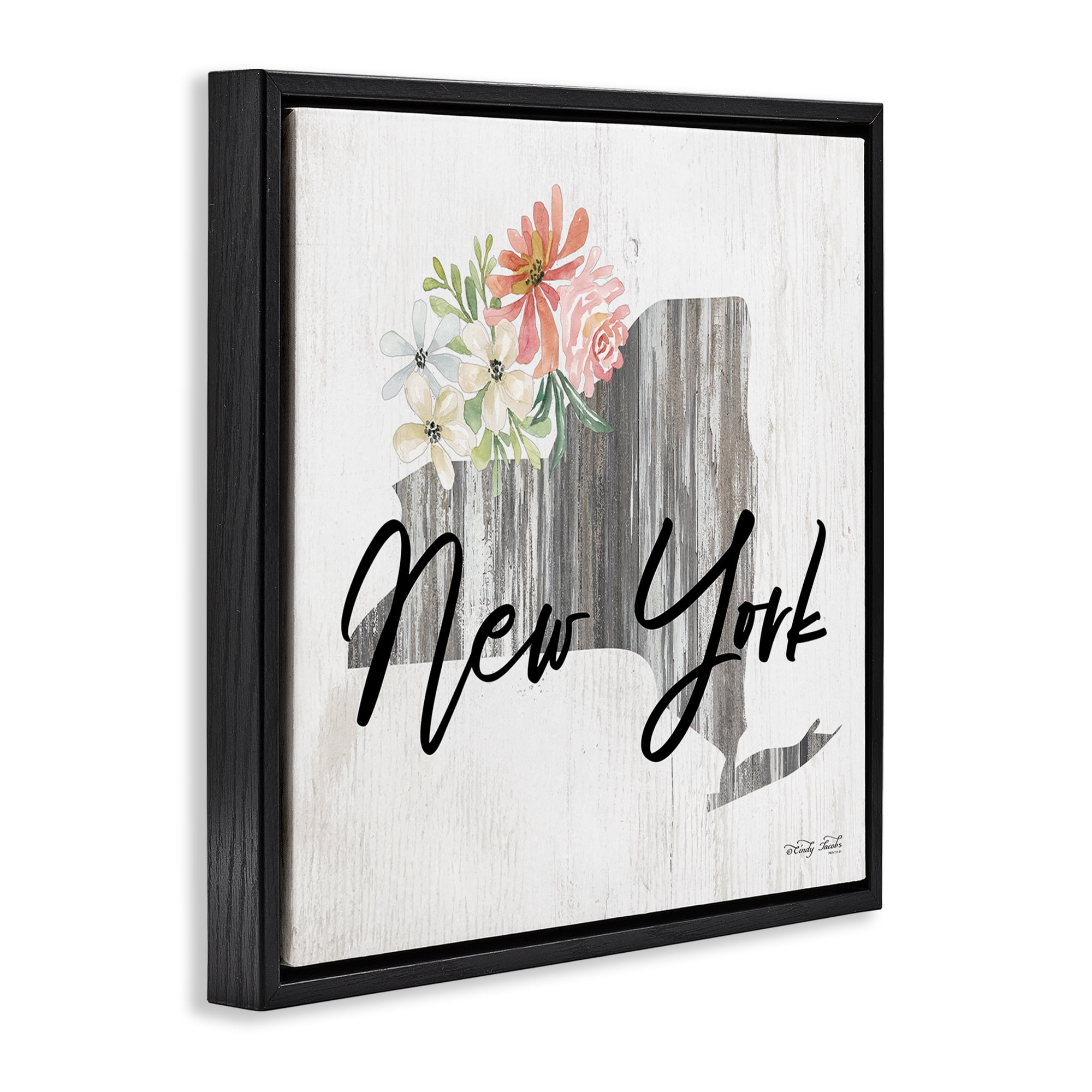 Stupell Industries Shabby Chic New York Botanical & Floral Painting Black Floater Framed Canvas Art Print Wall Art, 18 x 18