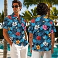 thumbnail image 2 of Psesaysky Couples Matching Hawaii Luau Outfit Short Sleeve Shirts or Dress,Hibiscus Blue Palm Print Women Sleeveless Flowy Sundress or Mens Button Down Shirts Plus Size for Travel or Party, 2 of 7