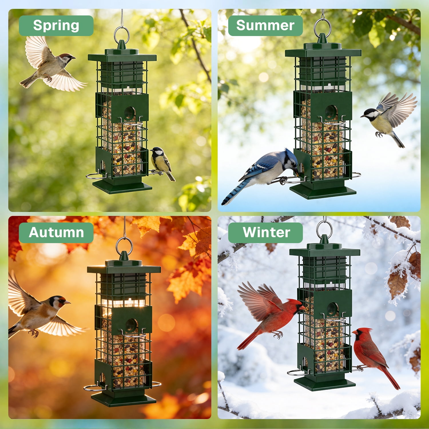 BN-LINK Squirrel Proof Bird Feeder, Metal Bird Feeder with 4 Ports, Chewing Proof& Rust-Resistant, 3 lb Capacity, Outdoor Hanging Birdfeeder for Wild birds,Green