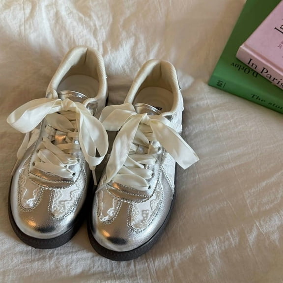 Lace Embellished Bow Tie Sneakers for Women Vintage Brocade Charm with Satin Ribbon Laces