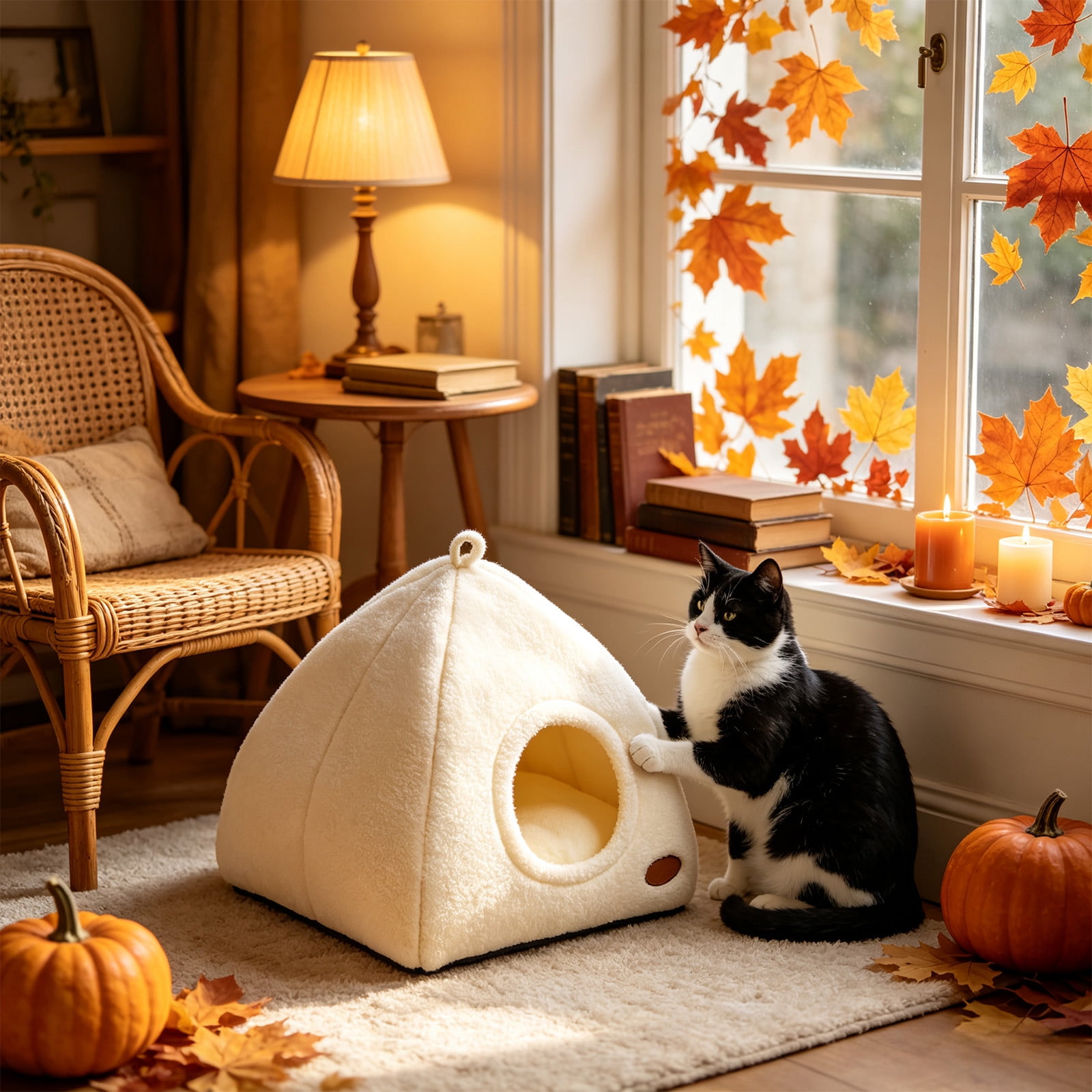 EBCUE Pumpkin‑Style Enclosed Pet Bed Halloween Thanksgiving Holiday Supplies Cotton Material Thick Warm Foldable Sleeping Hut Soft Cozy Secure Rest Nest for Small‑Medium Cats Dogs Indoor Home Decor