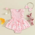 thumbnail image 2 of mgoYE Baby Girl Easter Outfit Ruffles Sleeve Floral Bunny Carrot Printed Romper Dress with Headband Summer Clothes(Red,0-3 Months), 2 of 7