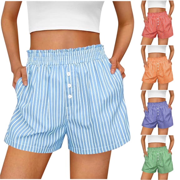 Miluxas Women's Striped Shorts Elastic High Waist Casual Loose Shorts with Pockets Summer Home Lounge Boxers Beach Shorts Trendy Outfits Red