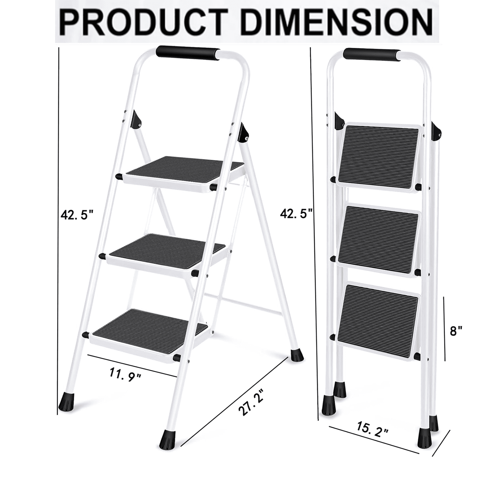 3 Step Ladder, Folding Step Stool with Wide Anti-Slip Pedal, 330lbs Sturdy Steel Ladder, Convenient Handgrip, Lightweight, Portable Steel Step Stool