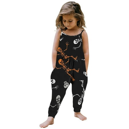 

TMOYZQ Toddler Baby Girls One Piece Sling Jumpsuit Outfit Summer Cute Sleeveless Bodysuit Casual Soft Halloween Pumpkin Print Romper Loose High-Waisted Pants with Pockets Gifts for Your Kids