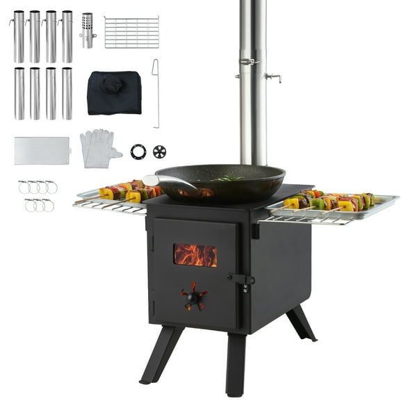 VEVOR Poêle à Bois, 86 Pouces, Poêle de Tente de Camping en Acier Allié, Poêle à Bois Portable avec Tuyaux de Cheminée et Gants, Foyer 1400 Po3 Poêle de Tente Chaude pour Cuisson et Chauffage Extérieurs avec 8 Tuyaux