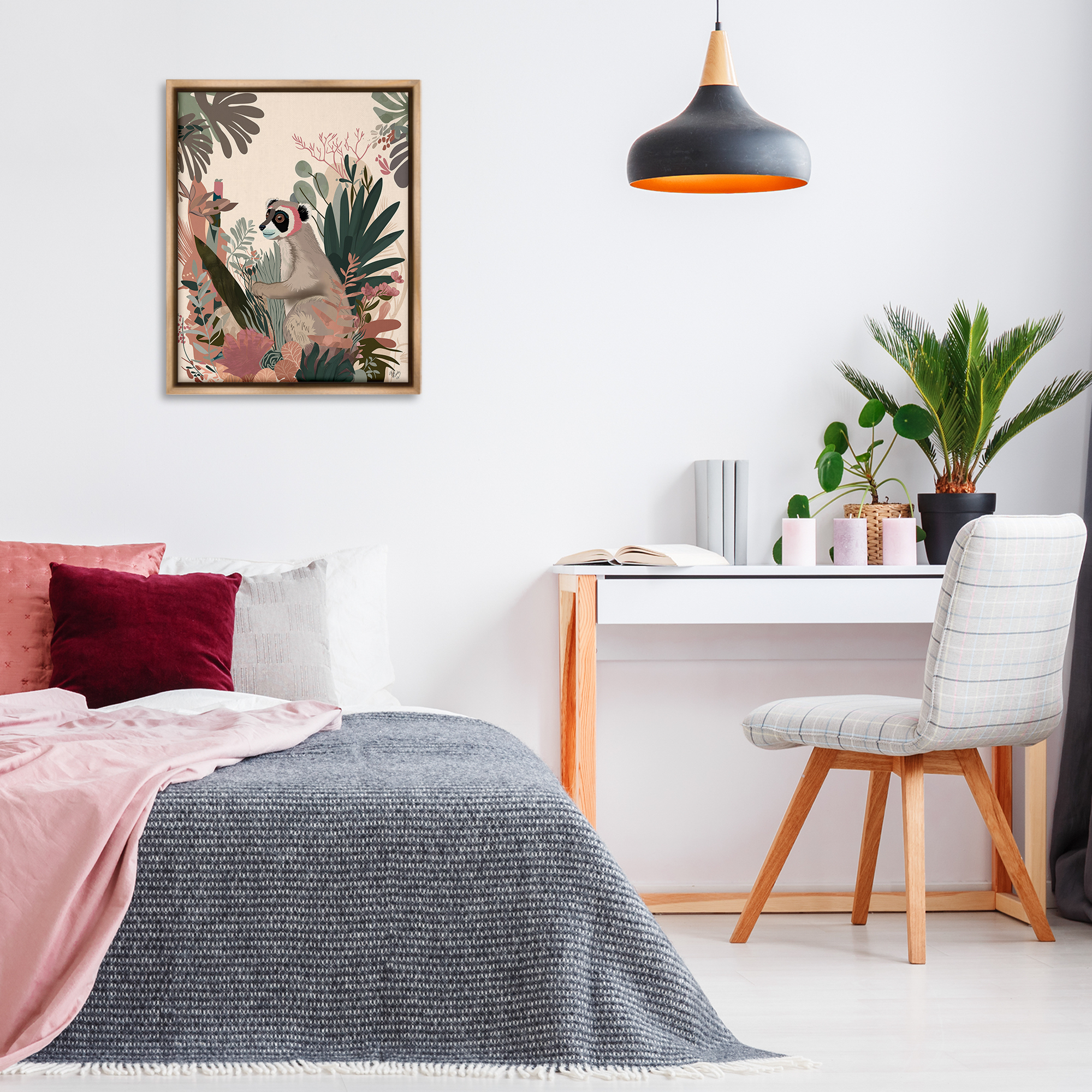 Stupell Industries Happy Lemur & Plants Animals & Insects Painting Brown Floater Framed Canvas Art Print Wall Art, 25 x 31