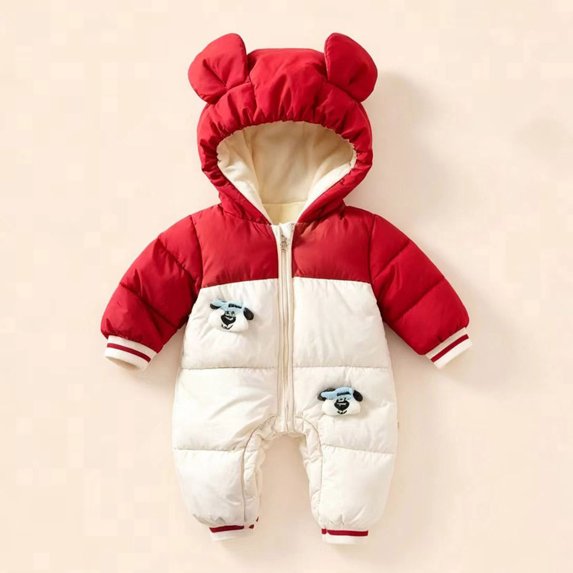 JFOPQVSM Baby Winter Snowsuit Bear Ear Hooded Padded Romper Fleece Lined Color Block Zipper Jumpsuit Infant Cold Weather Outfit
