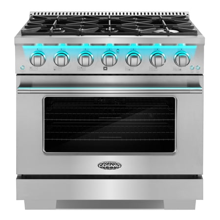 Cosmo 36 in. Vista Collection 5.4 cu. ft. Gas Range, 6 Burners, Convection Oven, LED Light Panel in Modern Stainless Steel