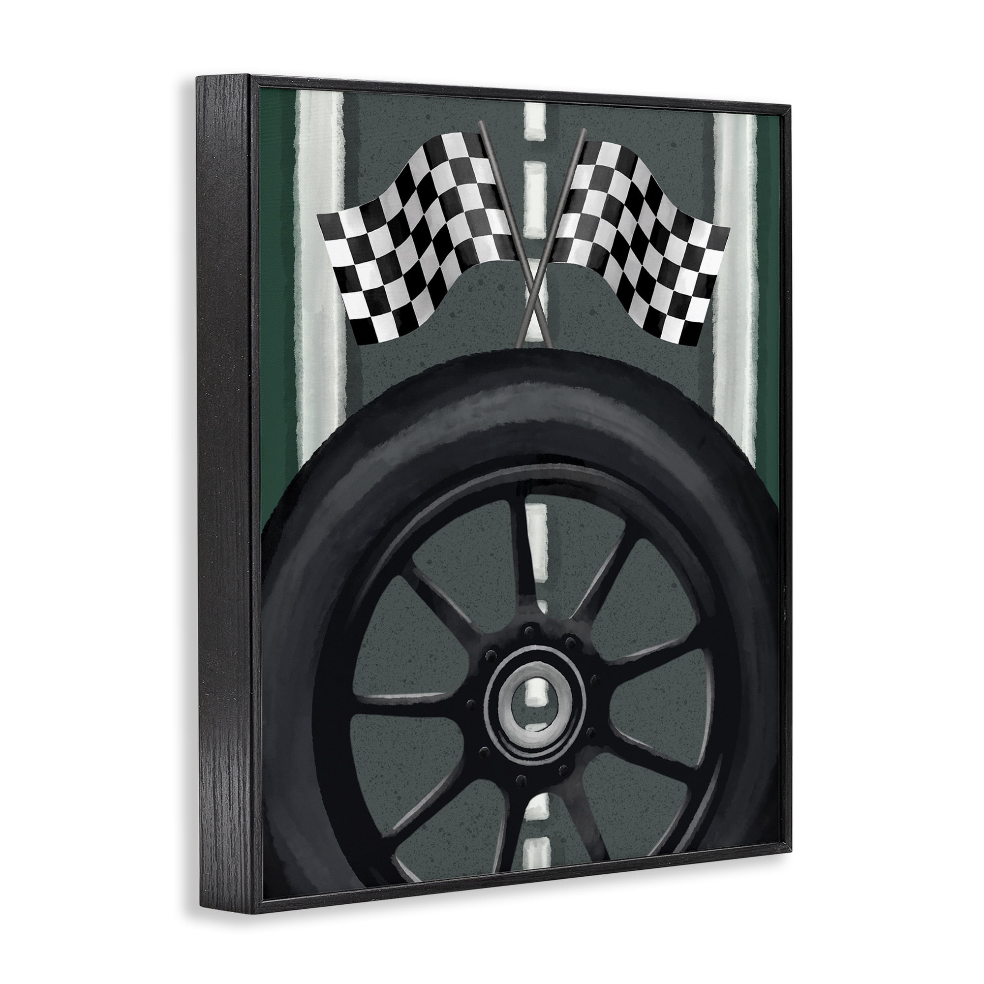 Stupell Industries Racetrack Flags & Tire Black Framed Giclee Art, design by Jennifer Stith