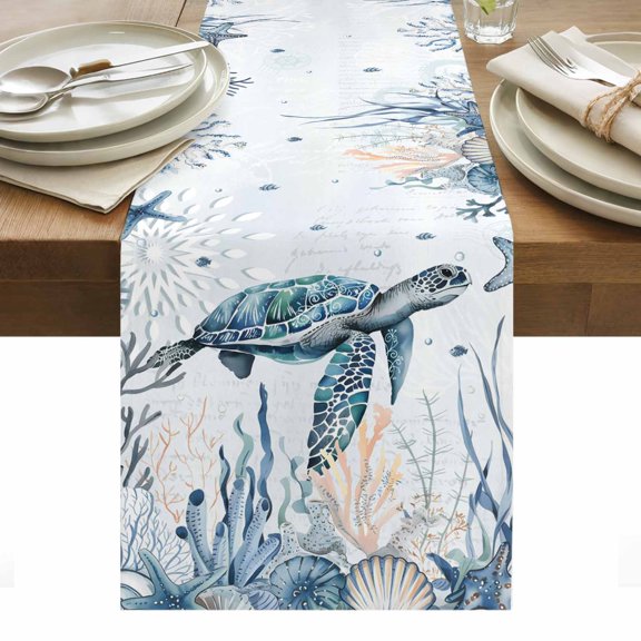 Coastal Sea Turtle Table Runner - 90 Inch Long, Kitchen Dining Table Runner Dresser Scarves, Summer Ocean Coral Conch Farmhouse Decor for Coffee Tables Wedding Party Banquet