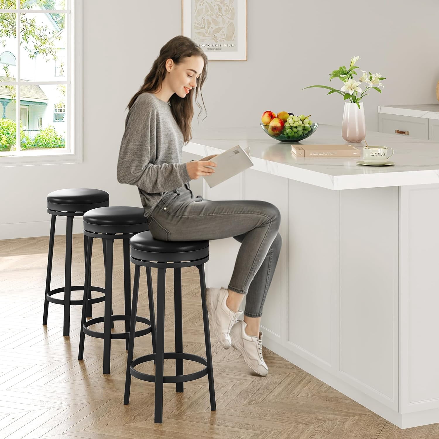 30'' Swivel Bar Stools Set of 4, Modern Backless Counter Height Barstools with Footrest, PU Leather Upholstered Seat, Metal Frame, Black