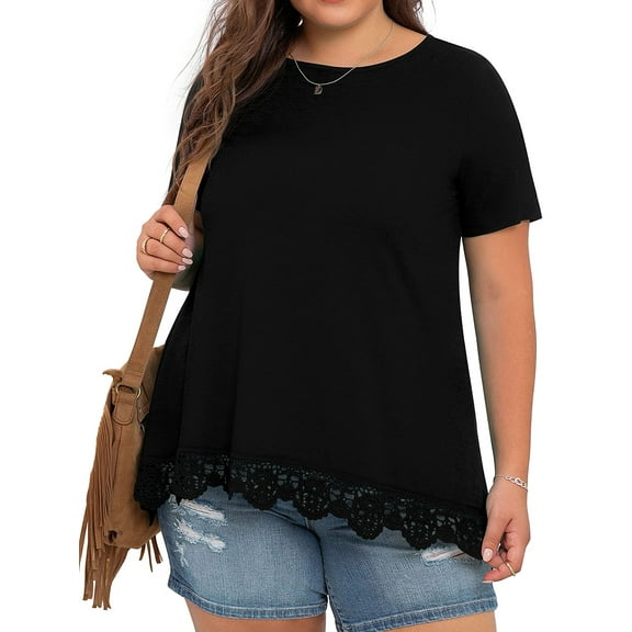 Cueply Plus Size Tops for Women Summer Casual Womens Short Sleeve Crew Neck Lace Shirts Tunic Blouses